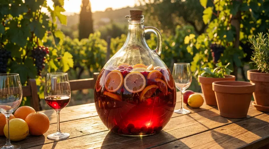 Große Karaffe mit Sangria und Weingläsern in Weingarten an sonnigem Tag