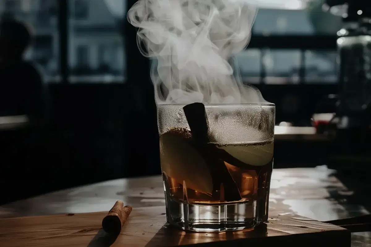Dampfendes Glas mit Glühwein, Apfelscheibe und Zimtrinde
