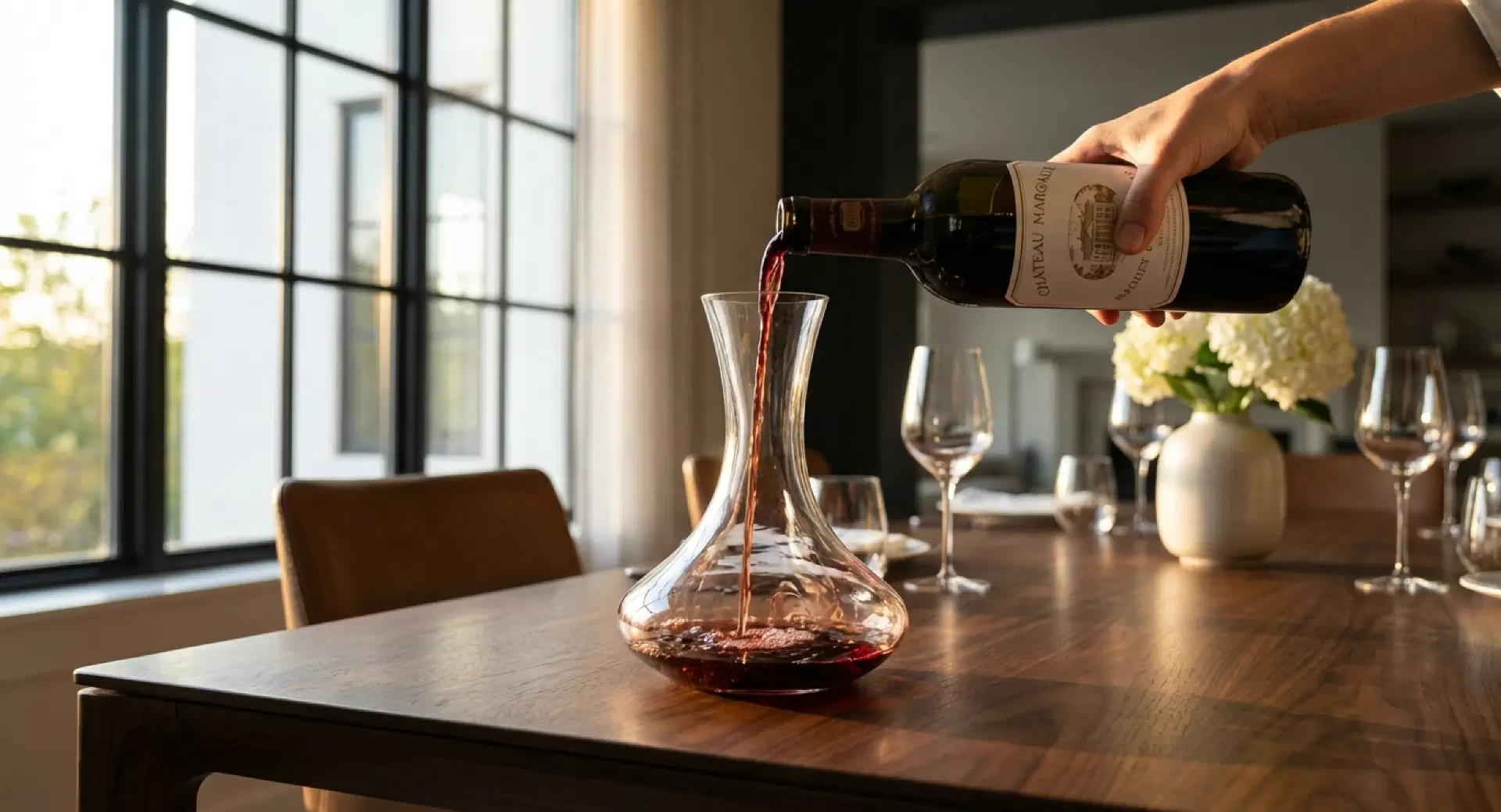 Eingießen von Rotwein in einen Dekanter auf dem Esstisch