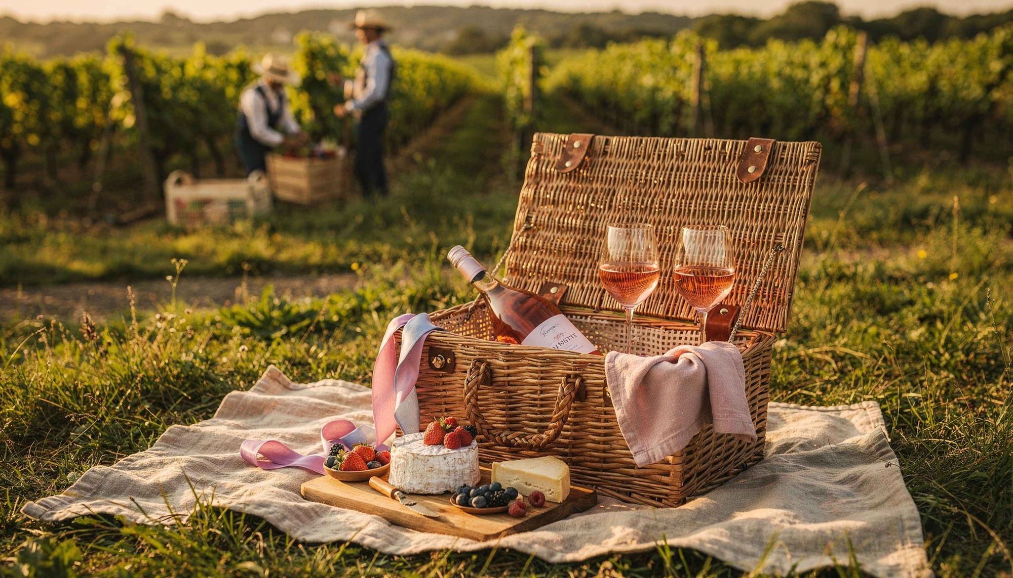 Zwei Gläser Roséwein im Weinberg – Weingutschein für Winzerweine