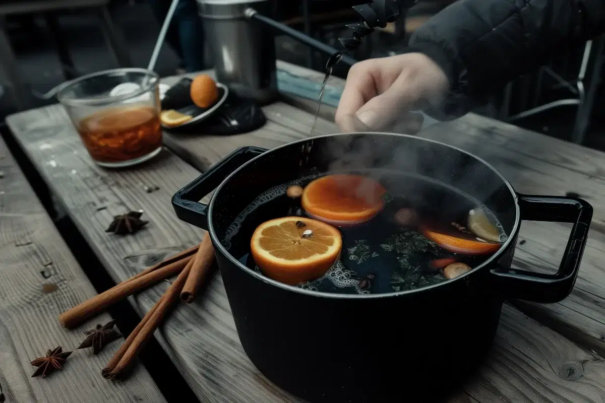 Topf mit heißem Glühwein, Orangen und Gewürzen
