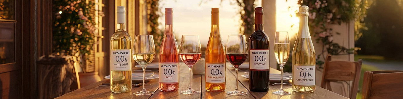 Alkoholfreie Weine und alkoholfreier Schaumwein in verschiedenen Sorten