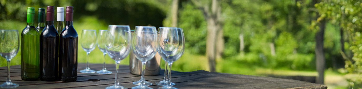 Aktionspaket mit Wein, Trauben und Erntekörben im Weinberg
