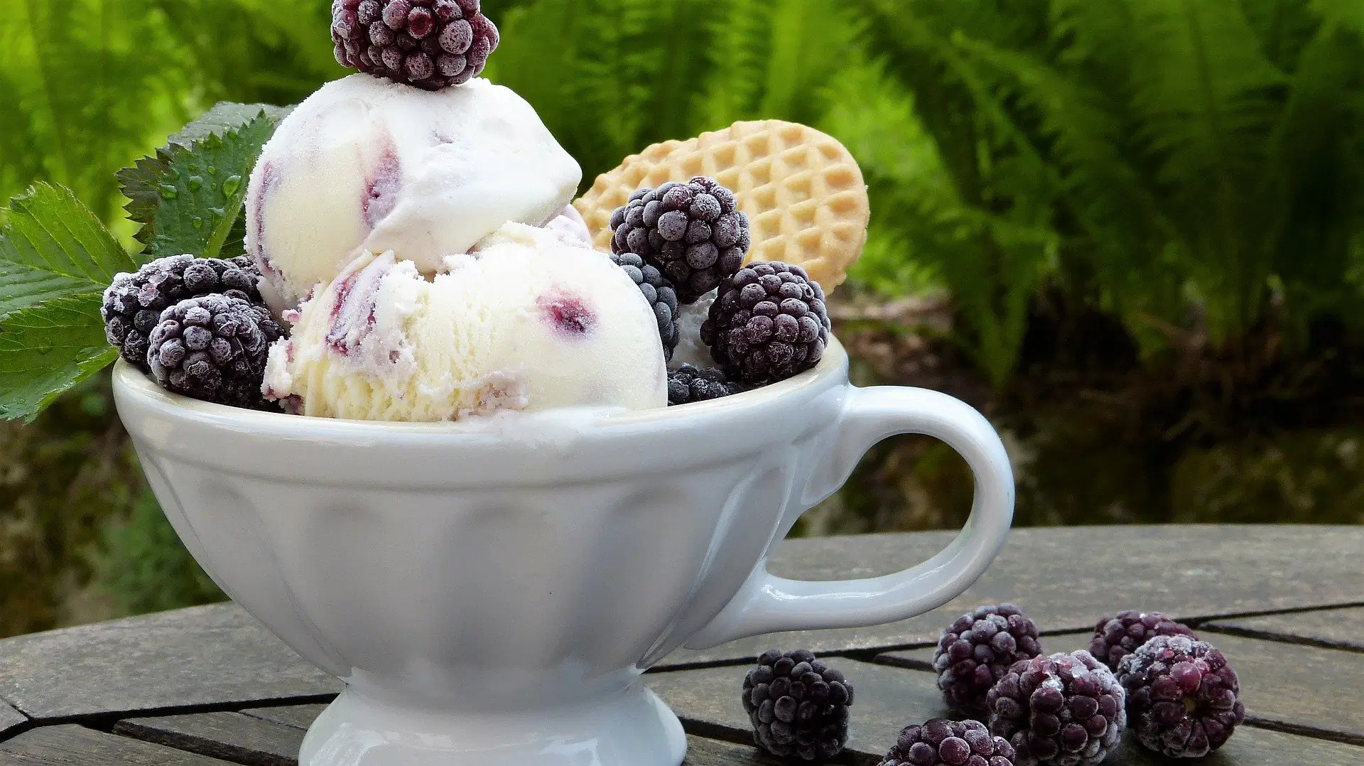 Eiscreme mit Beeren und Waffel in schöner Schale