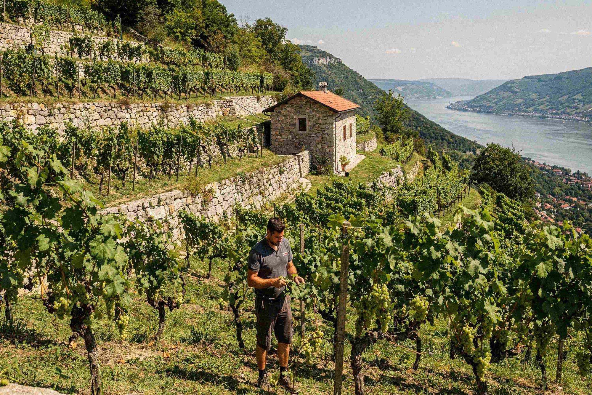 Österreichische Weinregion mit sanften Hügeln und Weinbergen