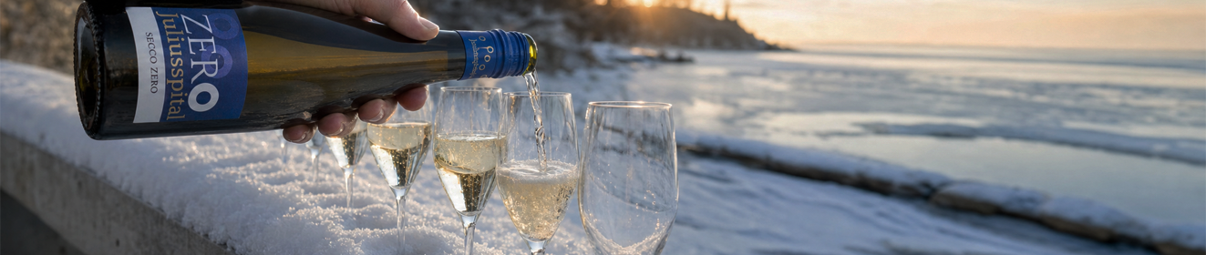 Alkoholfreier Sekt und Secco mit Erdbeeren auf sommerlichem Gartentisch