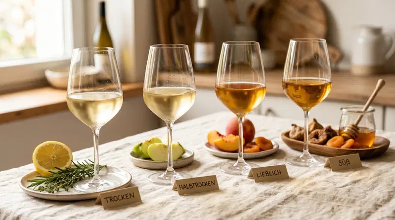 4 Gläser Weißwein nebeneinander, der Wein hat in allen Gläsern eine unterschiedliche Farbe
