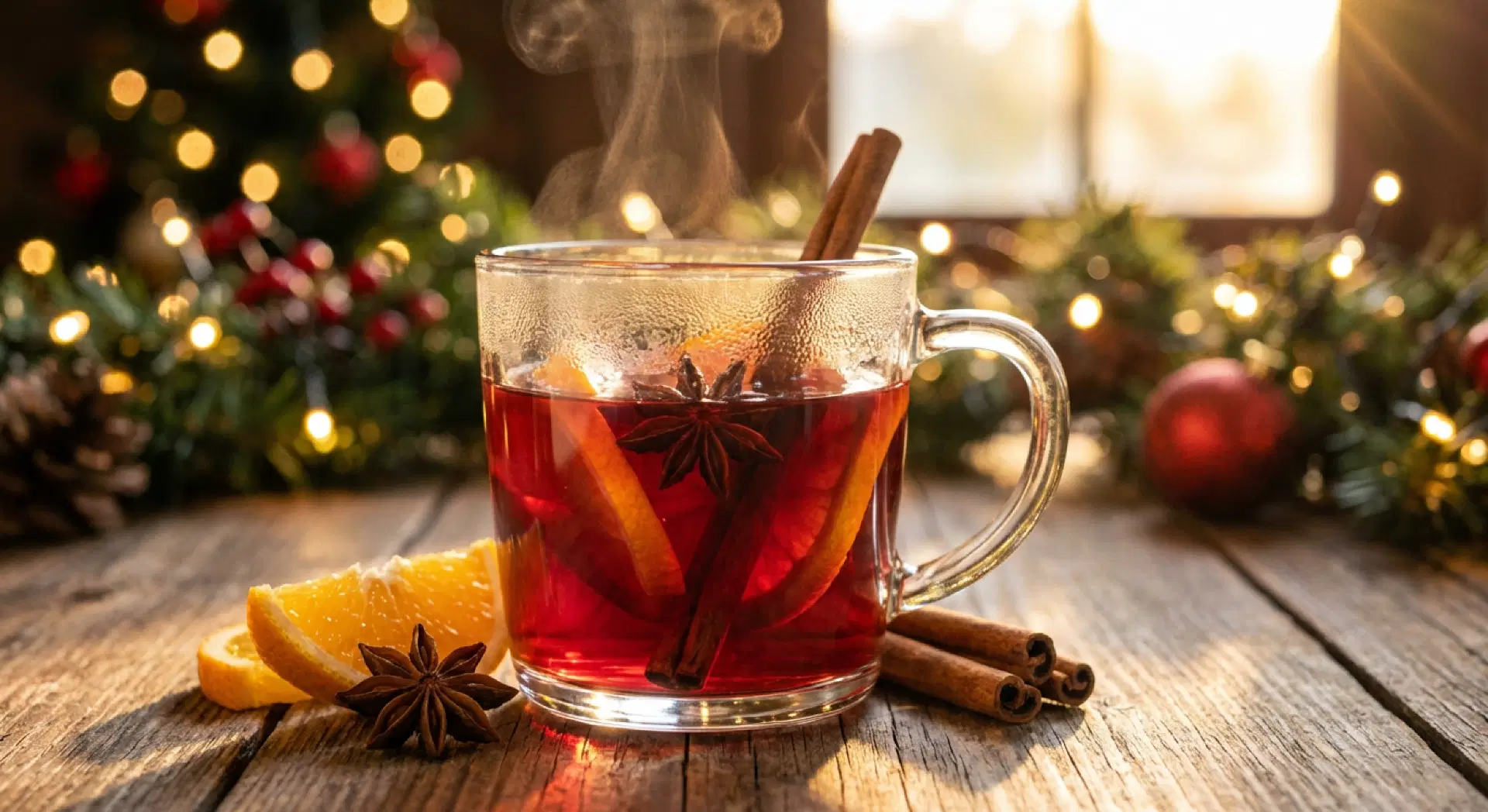 Dampfender Glühwein im Glas mit Gewürzen